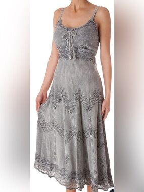 Sakkas Gray Embroidered Tie-Front Midi Dress